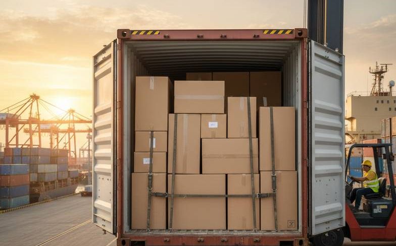 A shipping container being loaded with boxes of medical equipment, illustrating the complexities of hospital furniture Incoterms like FOB and CIF