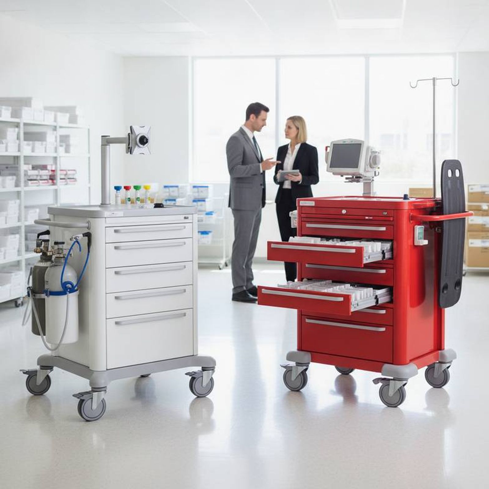 A well-organized anesthesia cart with multiple shallow drawers and tilt-bin organizers