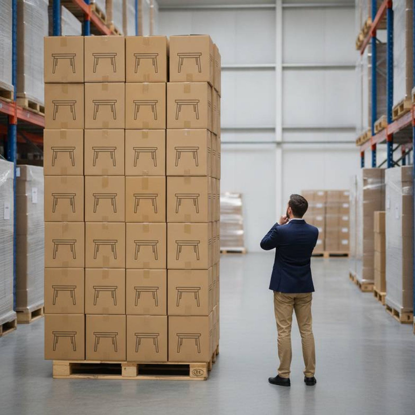 A warehouse manager looking concerned at boxes of medical furniture, highlighting the business risk of poor overbed table base clearance.