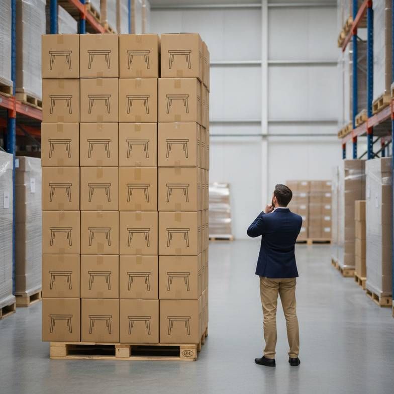 A warehouse manager looking concerned at boxes of medical furniture, highlighting the business risk of poor overbed table base clearance.