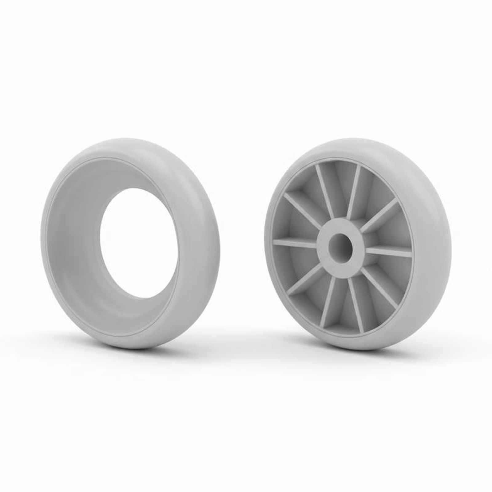 A cross-section view of a hospital bed bumper wheel showing internal structural reinforcement.