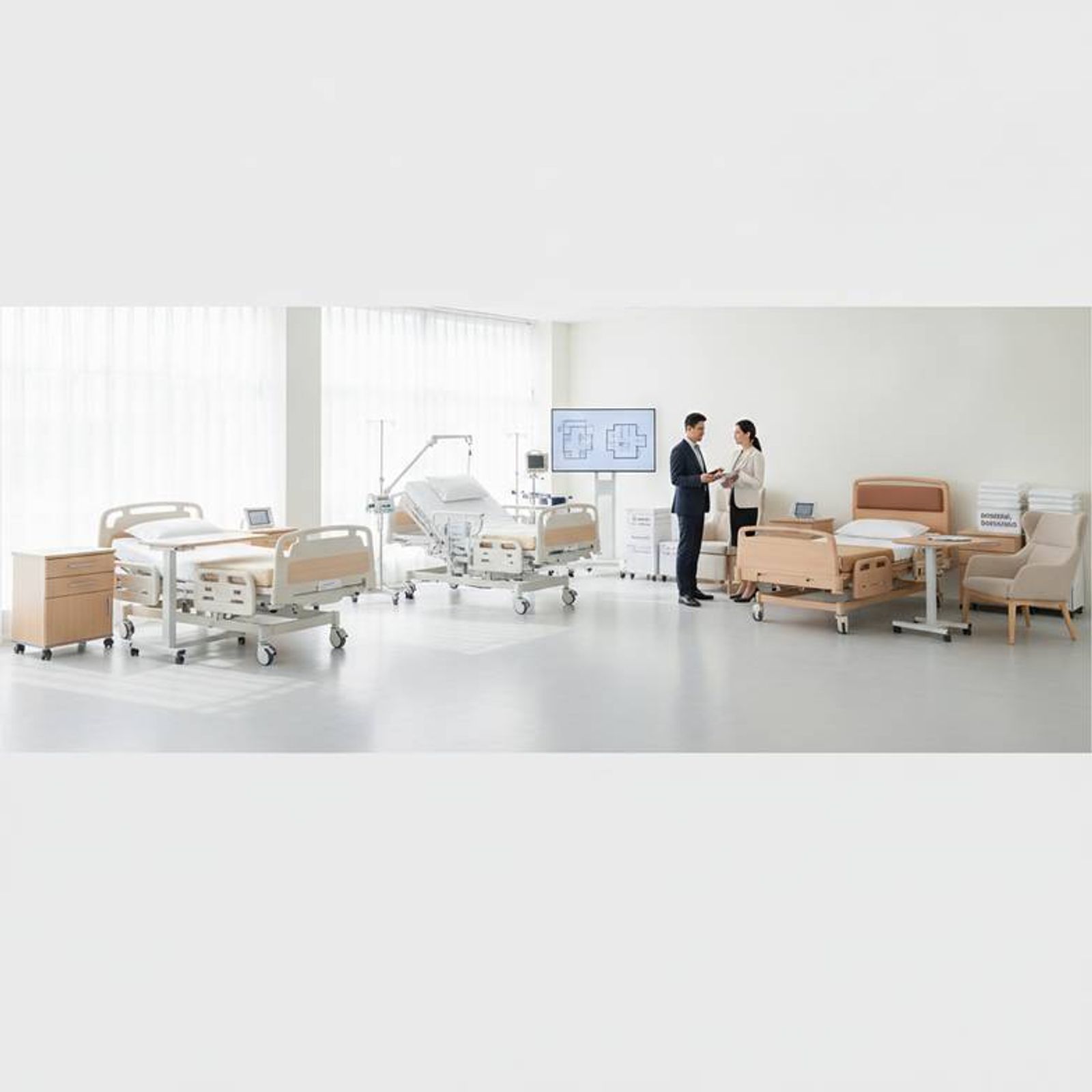 A detailed view of an ICU bed's control panel and a simpler remote for a general ward bed