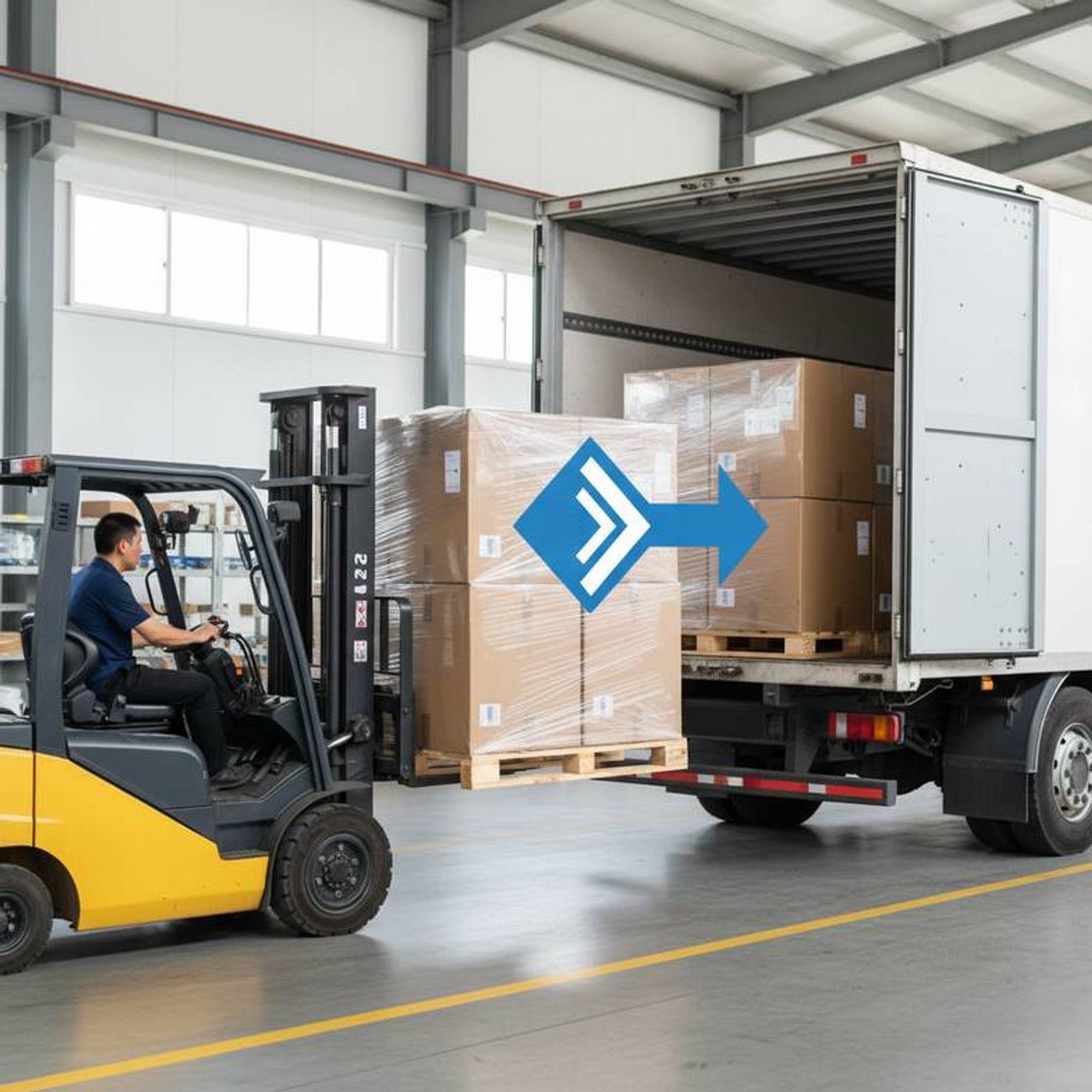 A forklift loading a pallet of packaged hospital beds onto a truck at a factory, representing the FOB hospital furniture incoterms process.