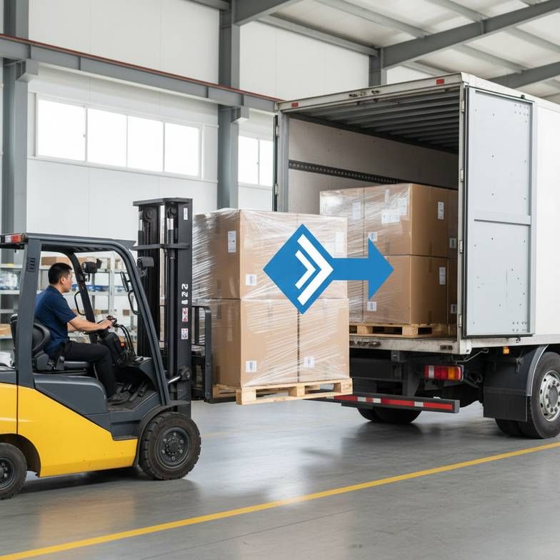 A forklift loading a pallet of packaged hospital beds onto a truck at a factory, representing the FOB hospital furniture incoterms process.