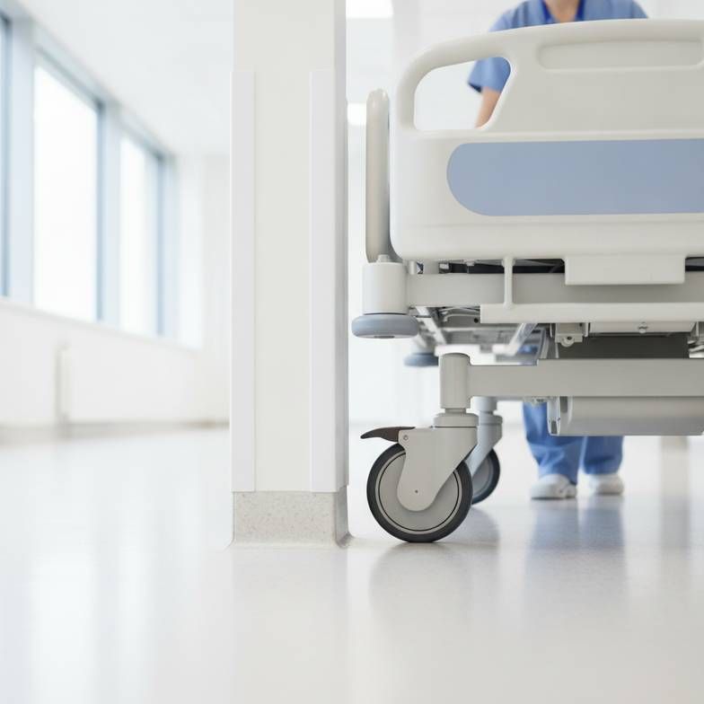 A hospital bed being carefully maneuvered through a busy hospital corridor, with bumper wheels visible.