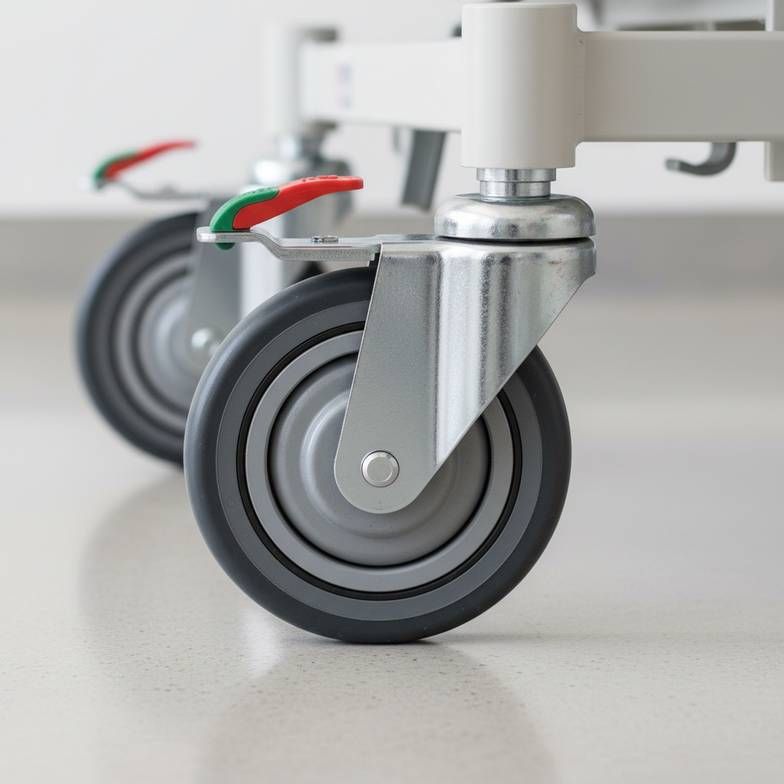 Close-up of a hospital bed's durable caster and braking system, a critical factor for the hospital bed replacement cycle