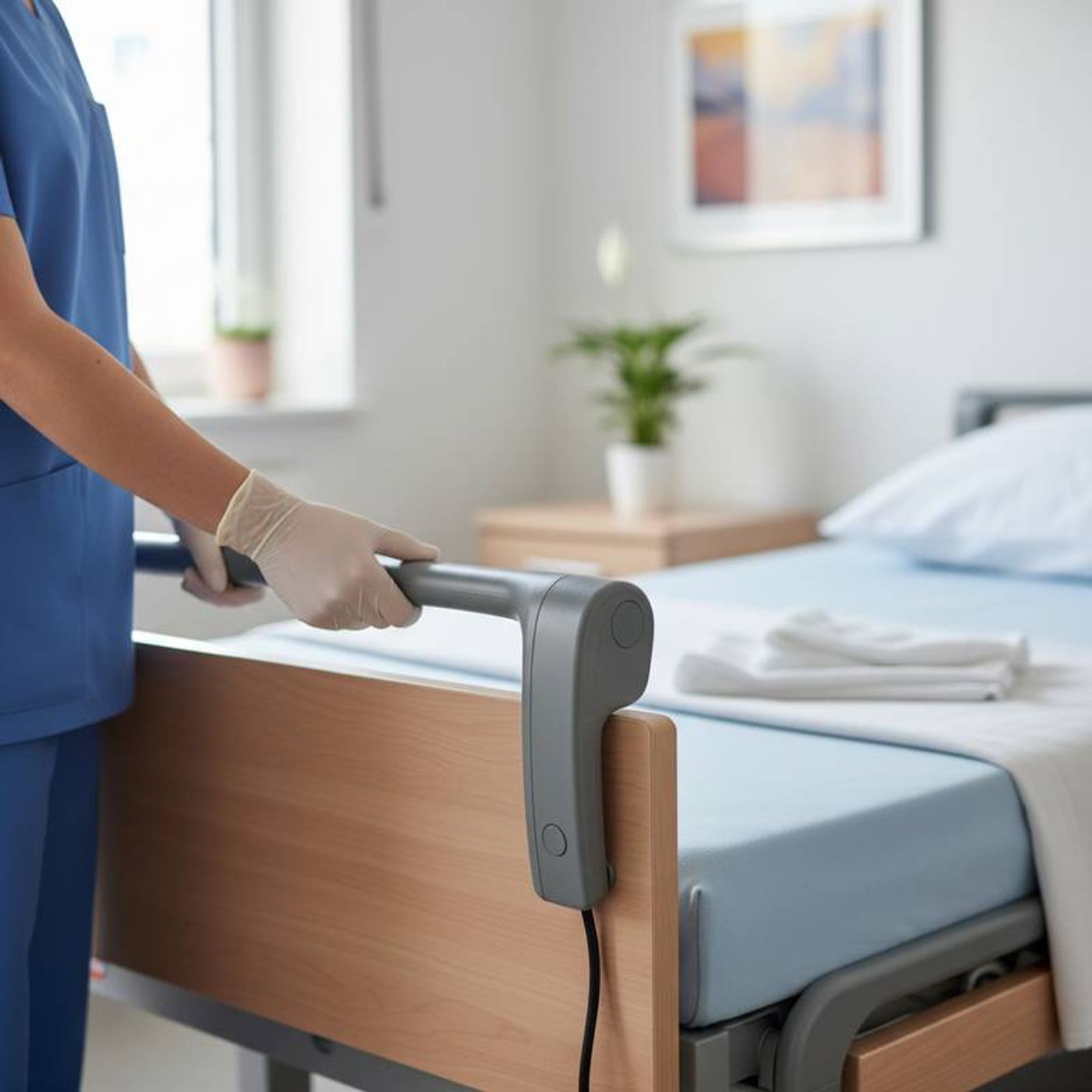 A caregiver adjusting the side rail of a nursing bed, demonstrating ease of use.