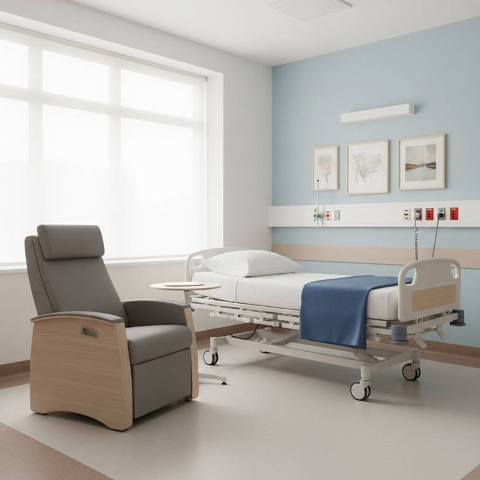 A clean and stable patient chair placed next to a hospital bed in a bright, modern ward room.