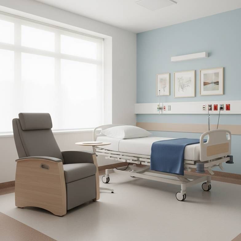 A clean and stable patient chair placed next to a hospital bed in a bright, modern ward room.