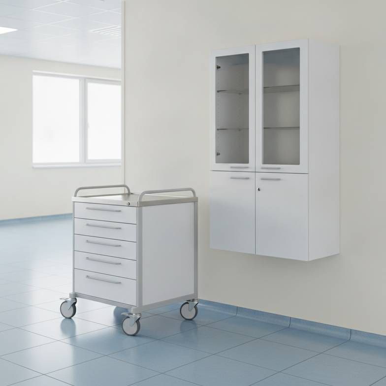 A medical cart next to a wall-mounted medical cabinet showing the two options in a clinical setting.