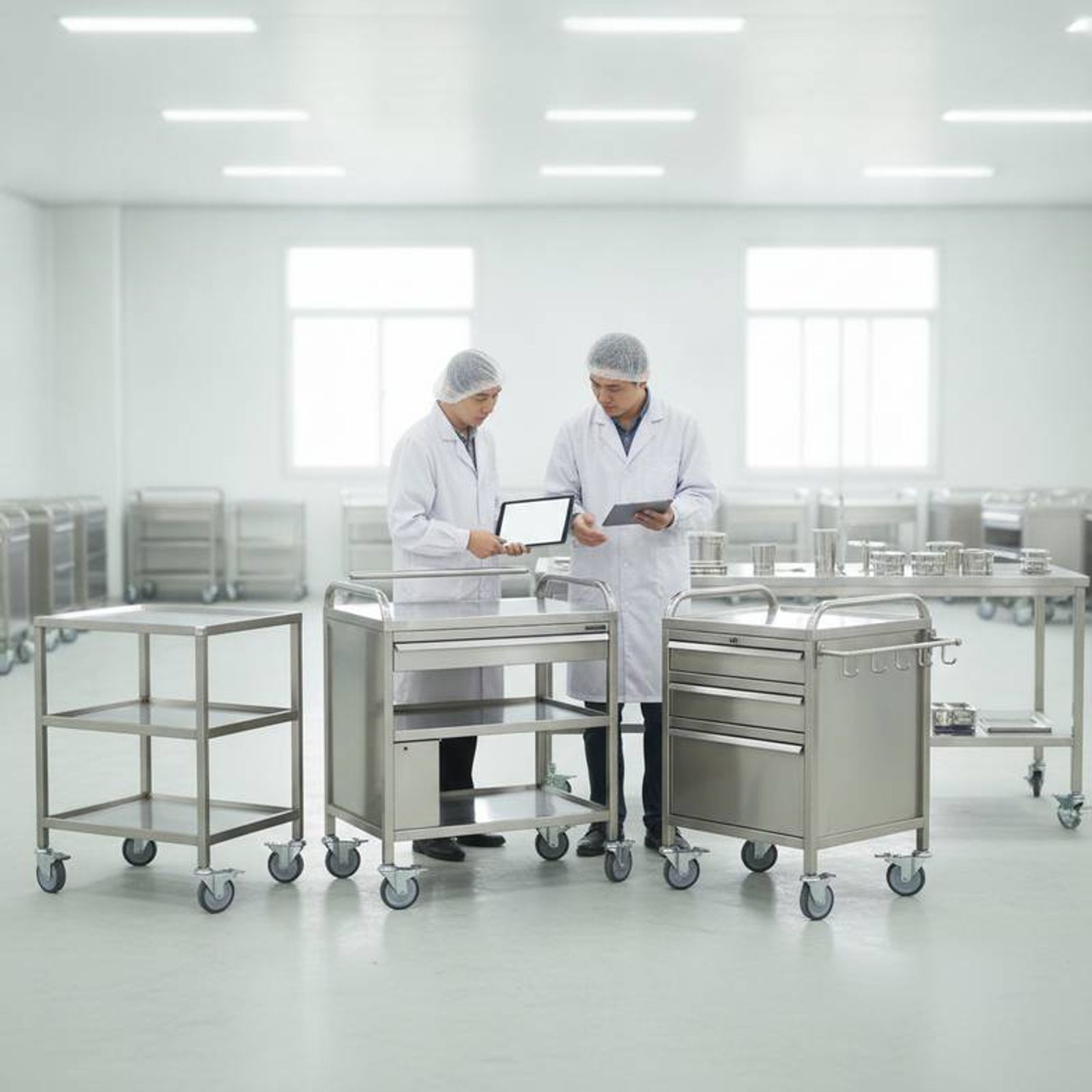A clean and well-organized operating room with a stainless steel instrument trolley ready for use.