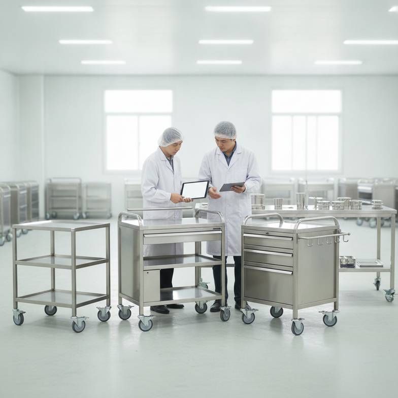 A clean and well-organized operating room with a stainless steel instrument trolley ready for use.