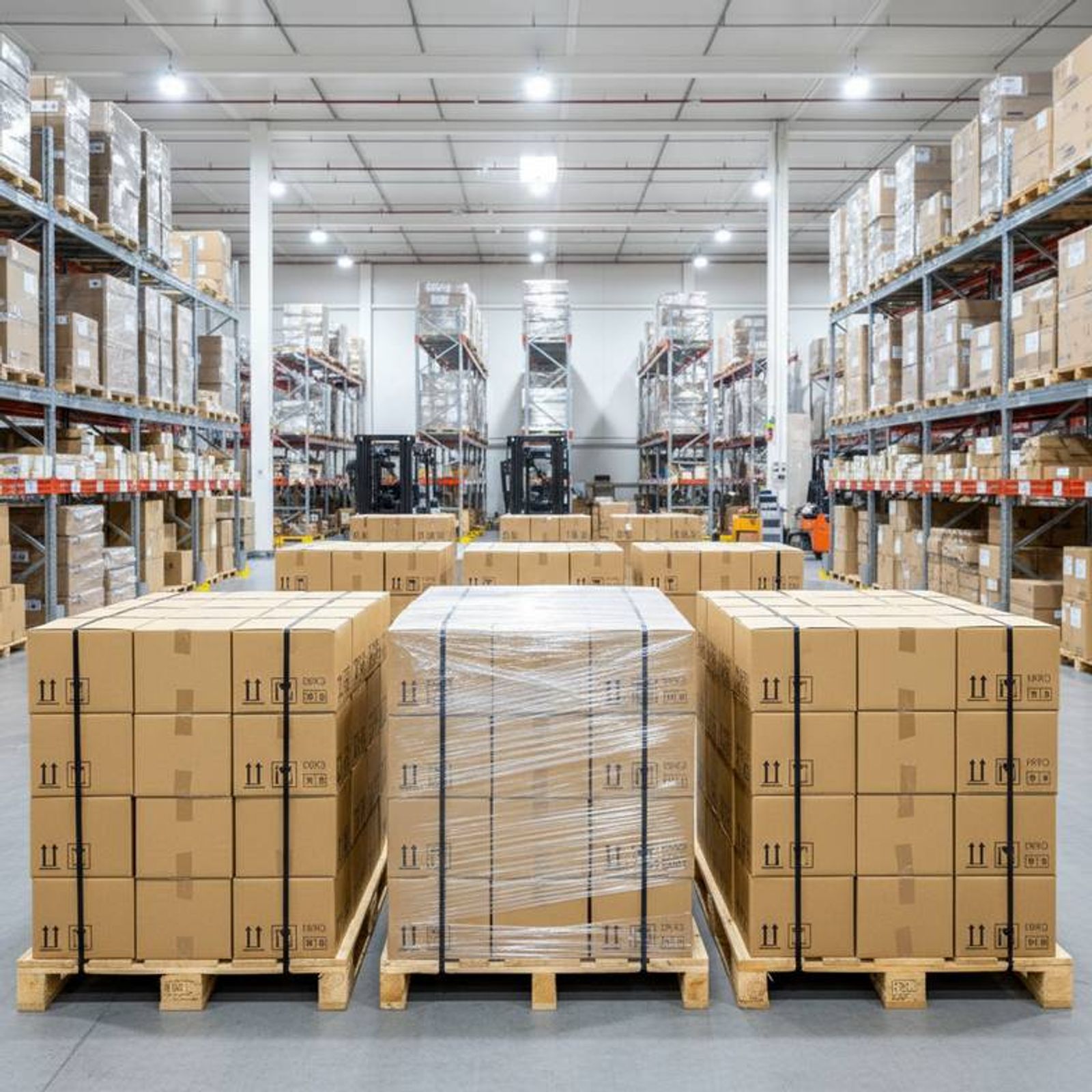 A warehouse scene showing neatly stacked and labeled export cartons of medical furniture ready for shipment, some on pallets.