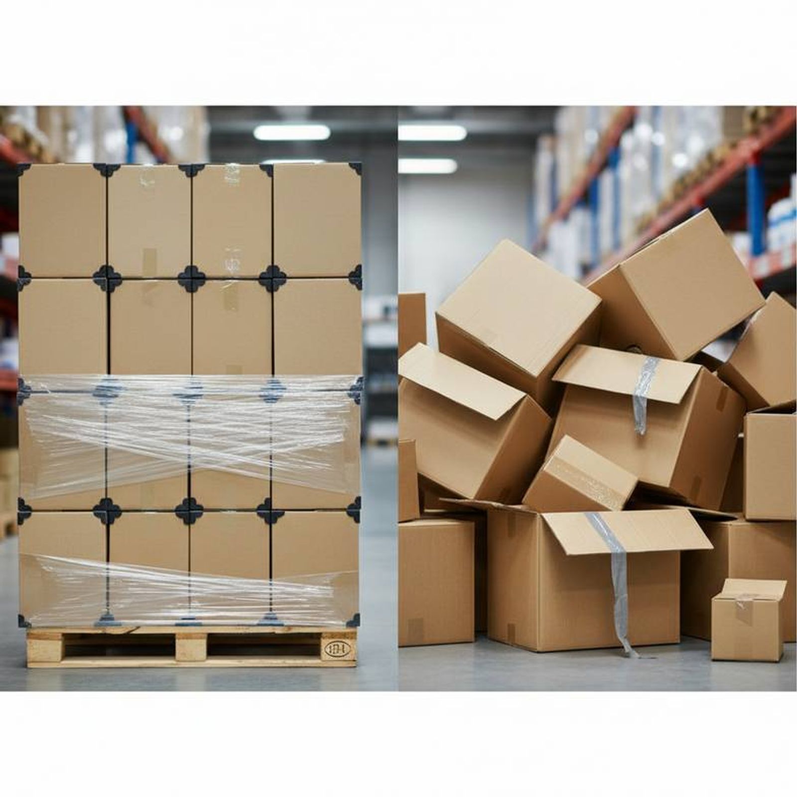 Two stacks of cartons in a warehouse. One stack is neatly palletized with reinforced corners. The other stack has poorly sealed, slightly crushed boxes, illustrating the difference in packing quality.