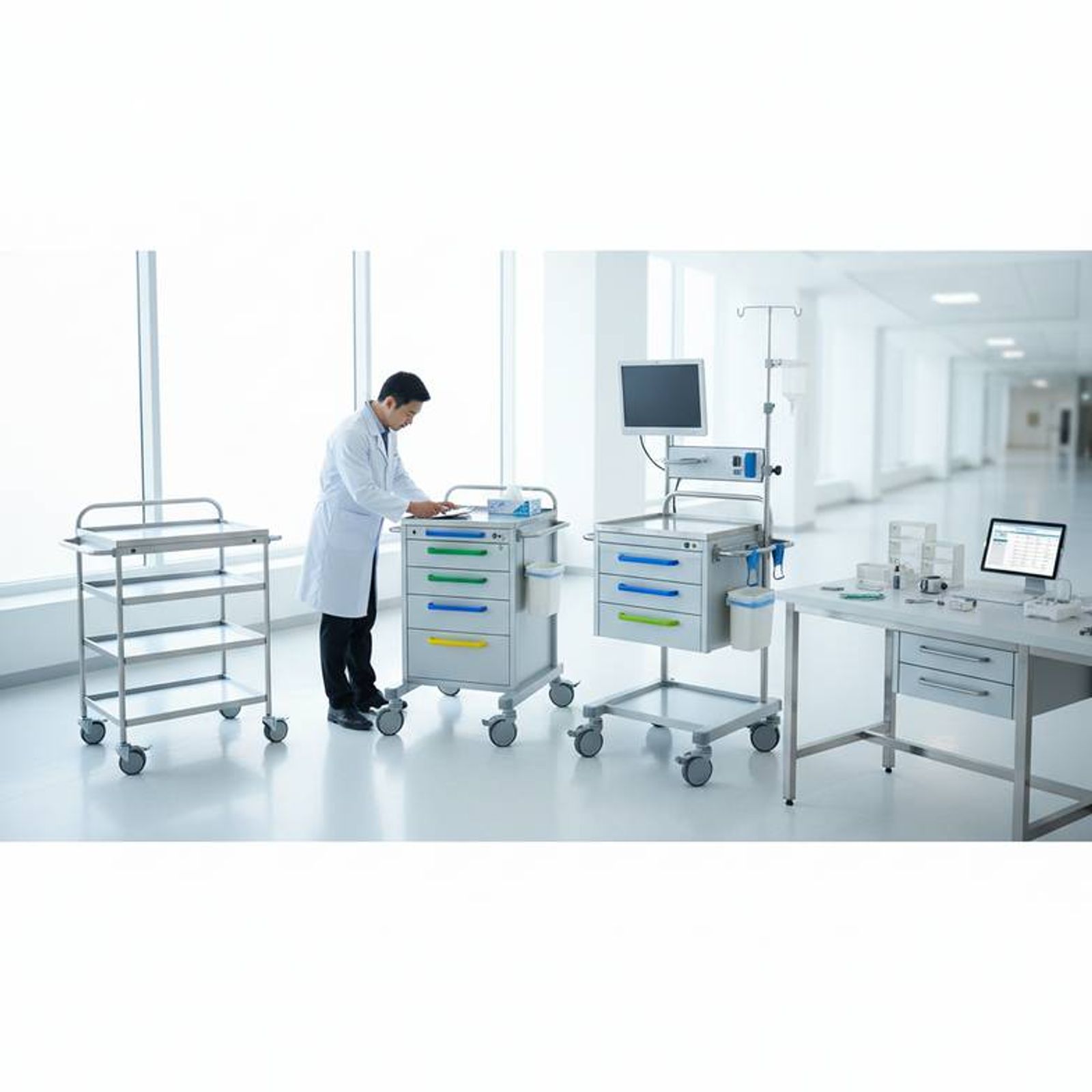 An open treatment trolley showing a practical drawer layout with dividers