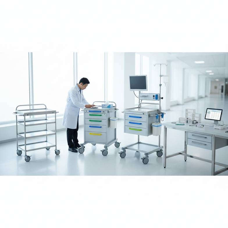 An open treatment trolley showing a practical drawer layout with dividers