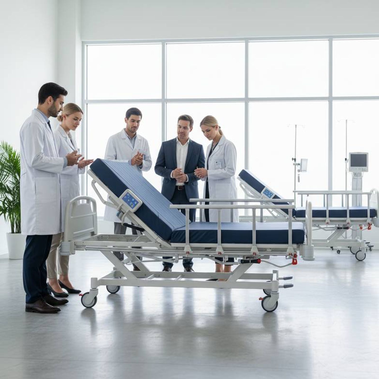 A diagram showing the different positions of an electric hospital bed, including backrest, legrest, and hi-lo adjustments.