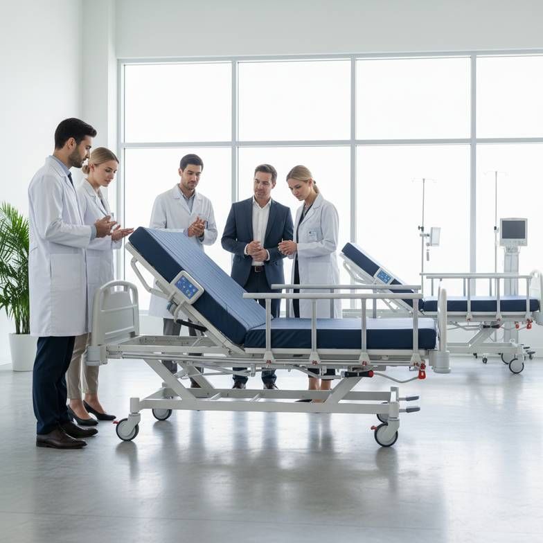 A diagram showing the different positions of an electric hospital bed, including backrest, legrest, and hi-lo adjustments.