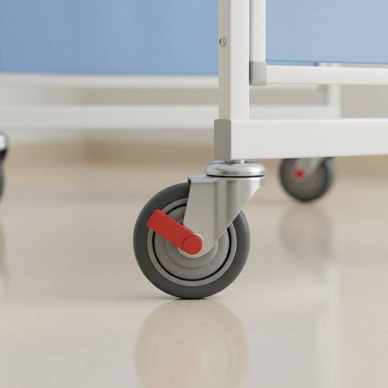 A close-up shot showing the high-quality caster wheel and brake mechanism on the base of a hospital ward screen.