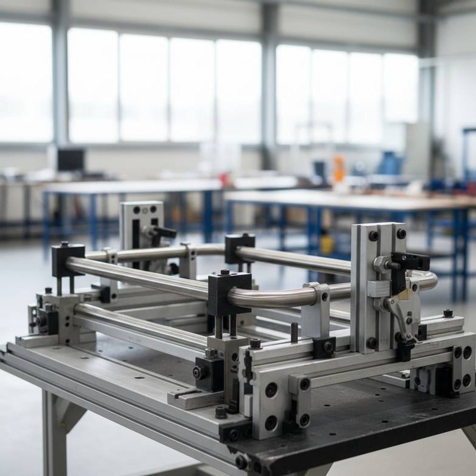 A close-up shot of an engineer's hands reviewing a technical drawing for a piece of custom medical furniture on a factory floor.