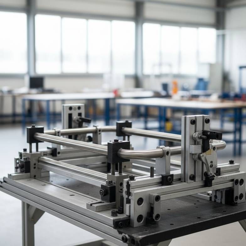 A close-up shot of an engineer's hands reviewing a technical drawing for a piece of custom medical furniture on a factory floor.