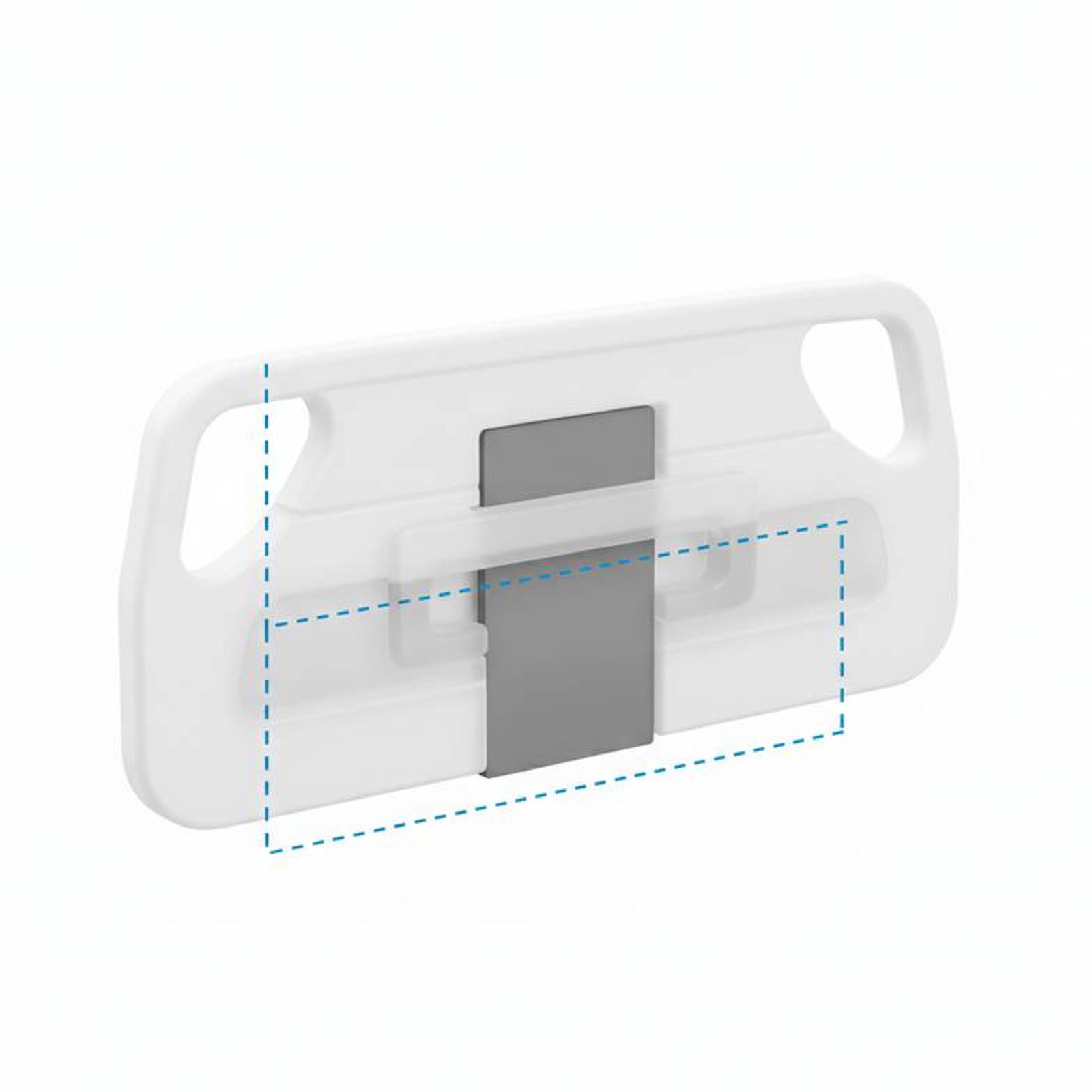 Technical drawing of a hospital bed X-ray translucent platform showing cassette tunnel dimensions