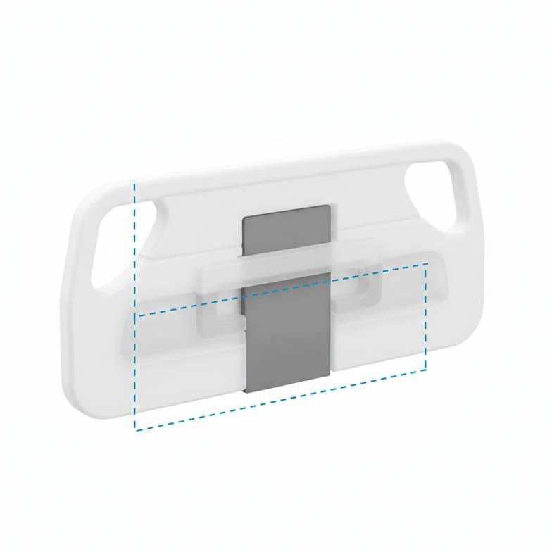 Technical drawing of a hospital bed X-ray translucent platform showing cassette tunnel dimensions