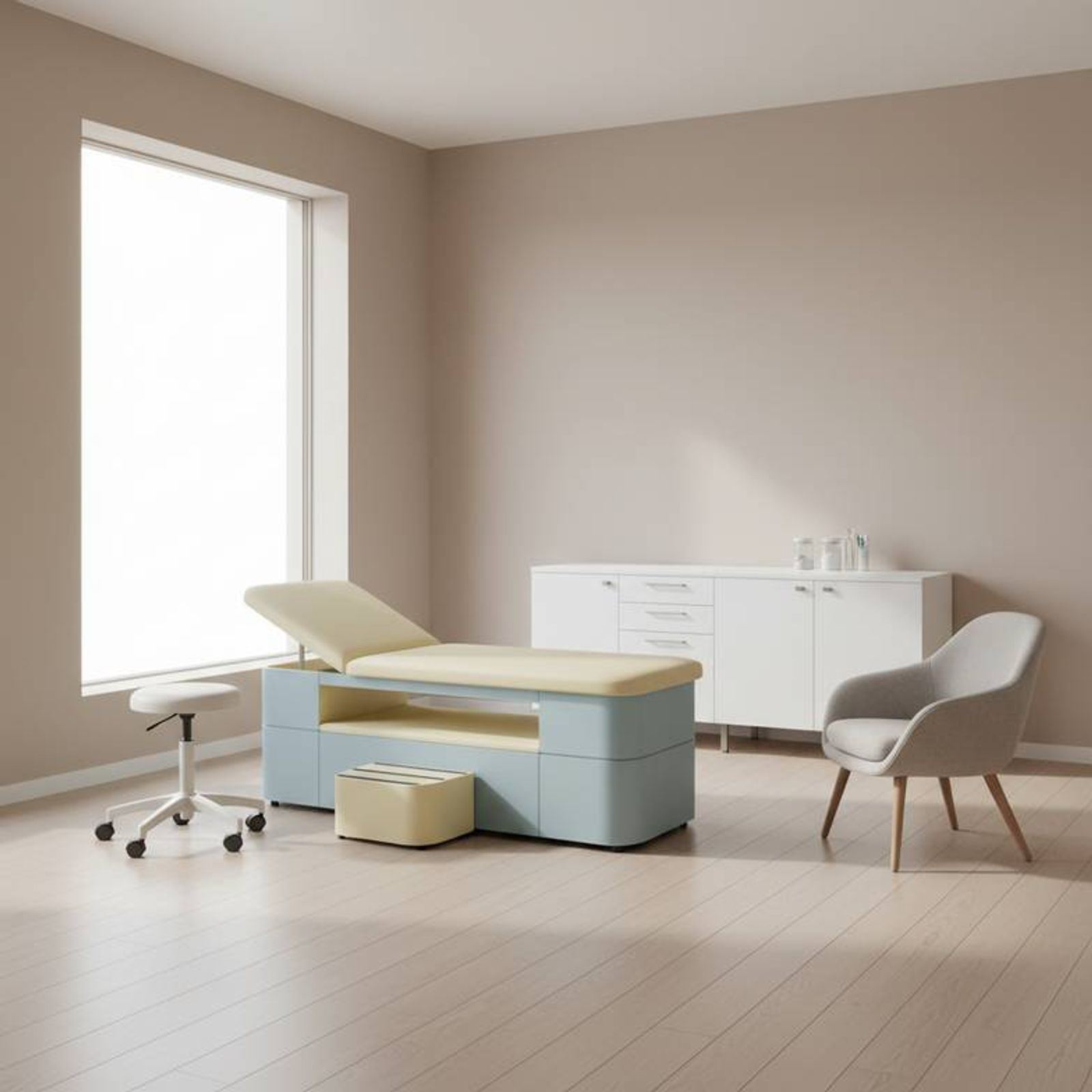 A bright and clean pediatric outpatient room furniture layout with colorful chairs and a functional examination area.