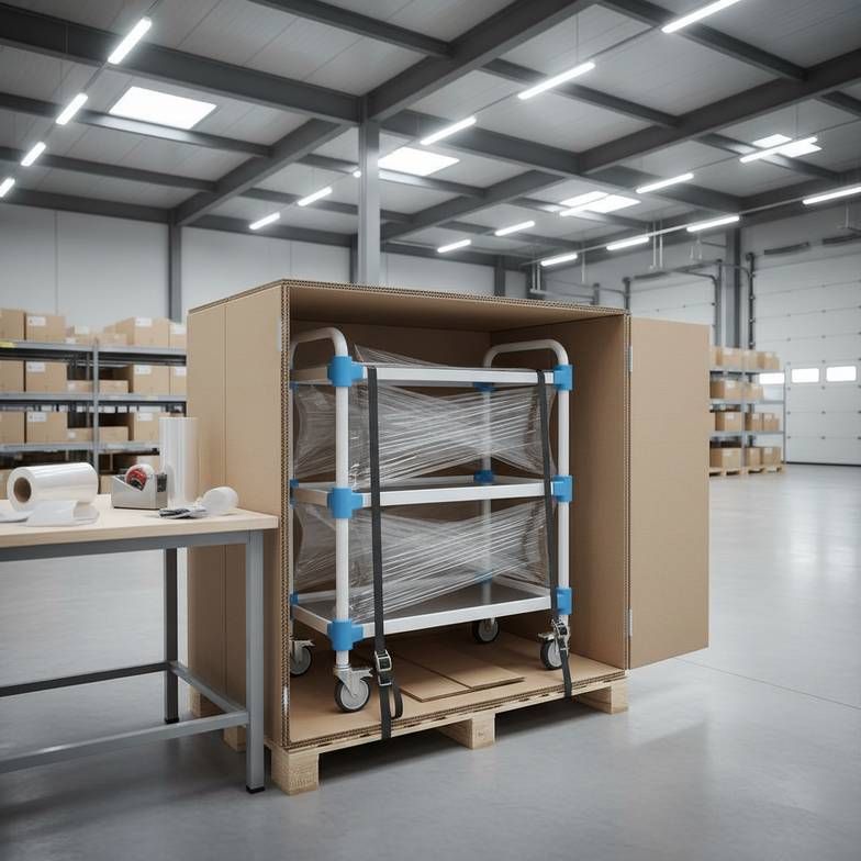 An image of a neatly packed medical trolley in an open export carton, showing corner protectors and wrapping around the product to illustrate good packing.