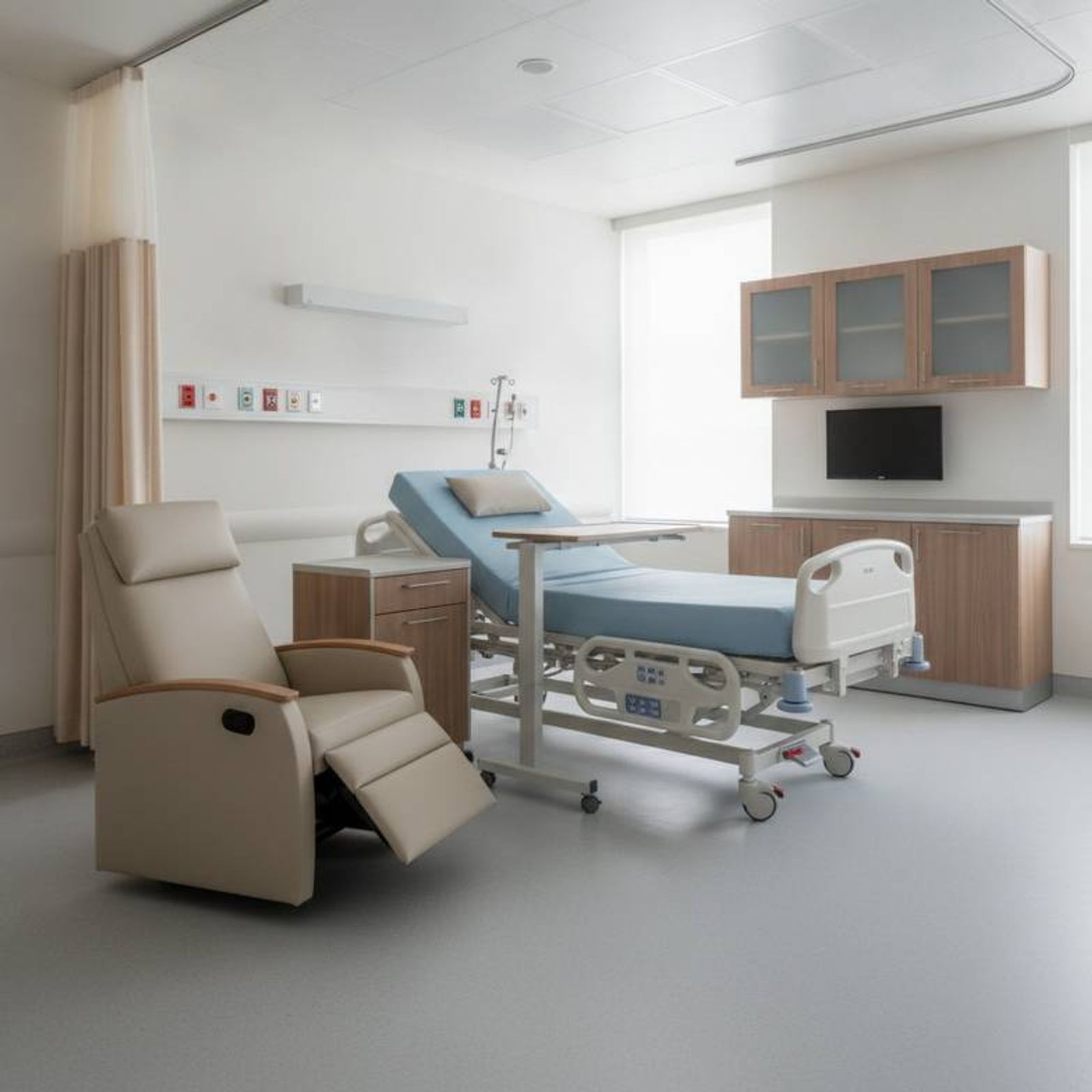 A hospital room with a bed, bedside cabinet, and overbed table, illustrating a complete furniture set