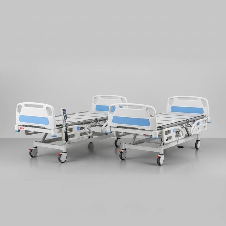 A clean, professional image showing an electric hospital bed and a manual hospital bed side-by-side in a neutral, well-lit studio environment.