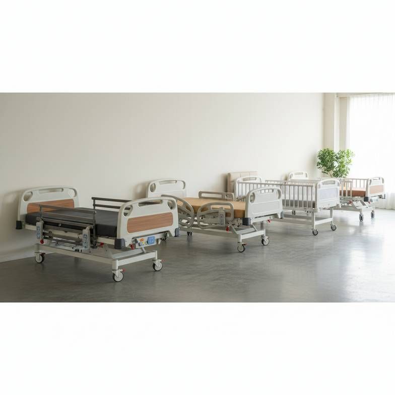 A selection of different hospital beds, including manual and electric models, in a clean, well-lit showroom.