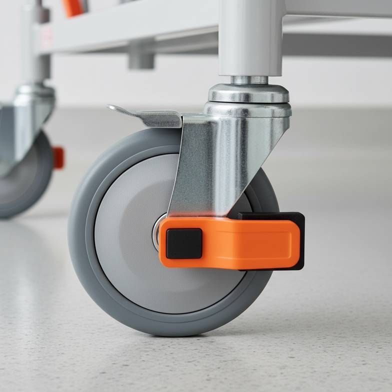 A close-up shot showing the casters and brake mechanism on a nursing bed.