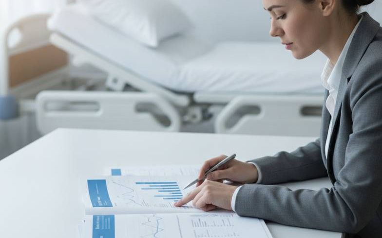 A procurement manager reviewing a stack of medical furniture certificates and technical documents