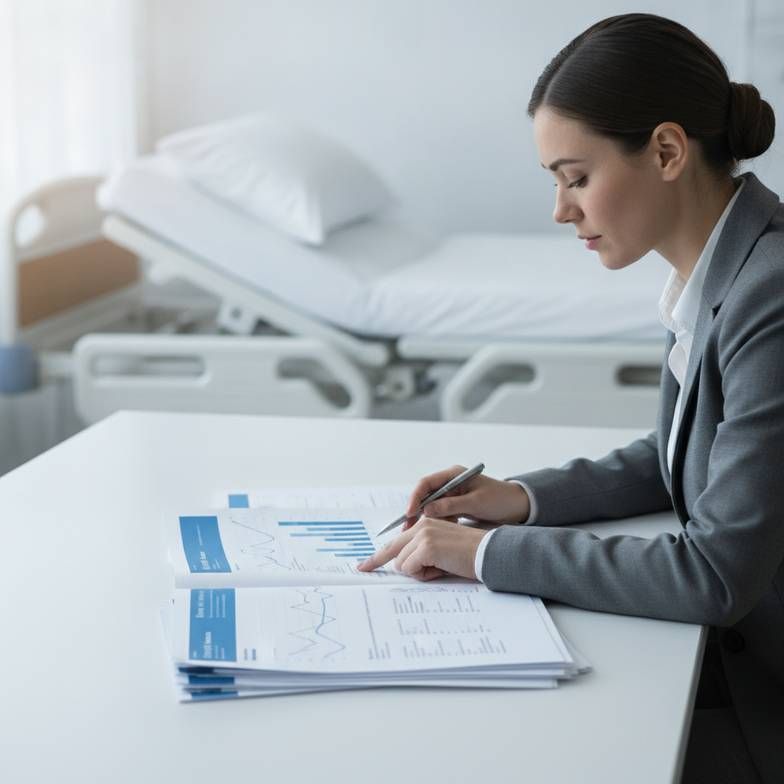 A procurement manager reviewing a stack of medical furniture certificates and technical documents