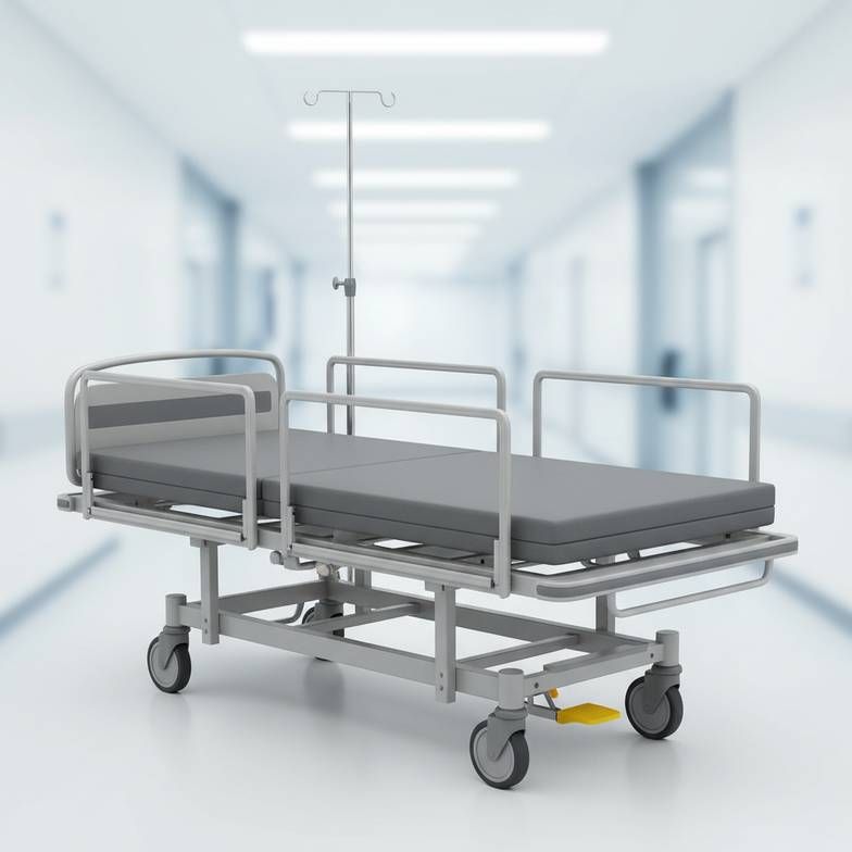 A hydraulic transfer stretcher with side rails and IV pole, highlighting its role as medical equipment.