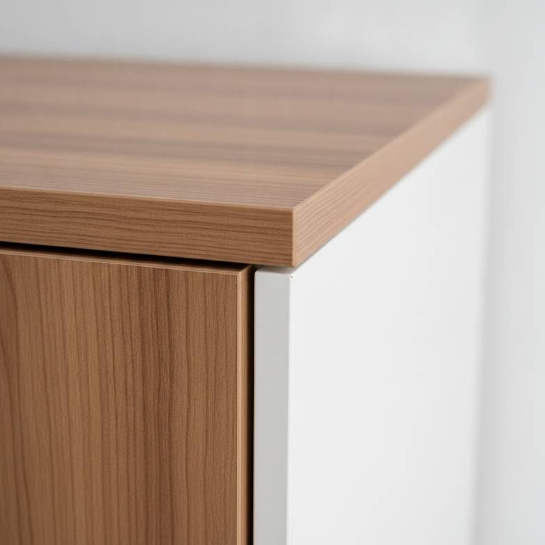 Close-up of a high-pressure laminate (HPL) surface on a bedside cabinet, showing the durable finish and sealed edges