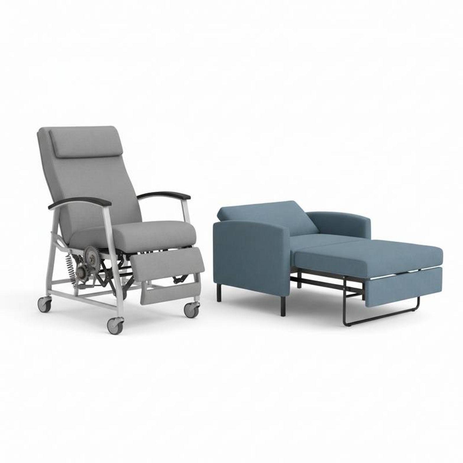 A side-by-side view showing the different mechanisms of a clinical recliner and a companion sleeper chair.