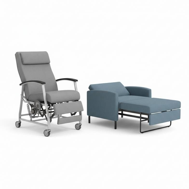 A side-by-side view showing the different mechanisms of a clinical recliner and a companion sleeper chair.