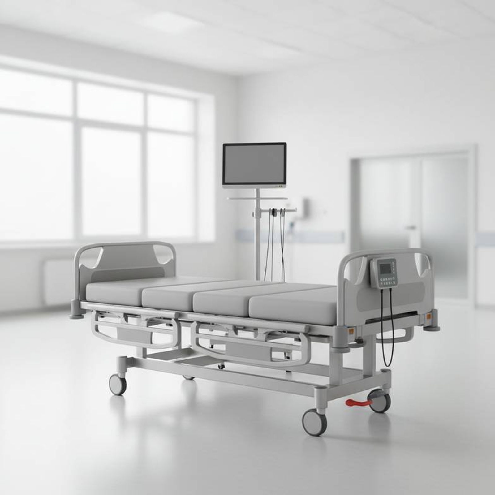 An ICU hospital bed with an integrated weighing system and multiple monitors in a modern hospital room.