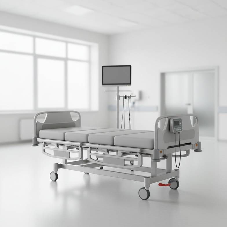 An ICU hospital bed with an integrated weighing system and multiple monitors in a modern hospital room.