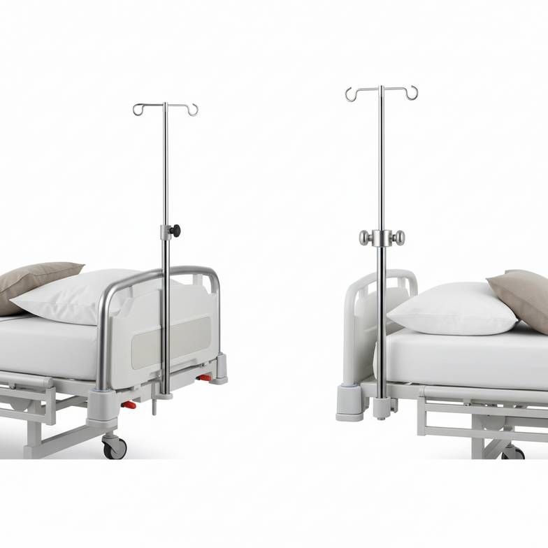 A hospital bed with a sleek integrated IV pole versus a bed with a standard clamp-on IV pole
