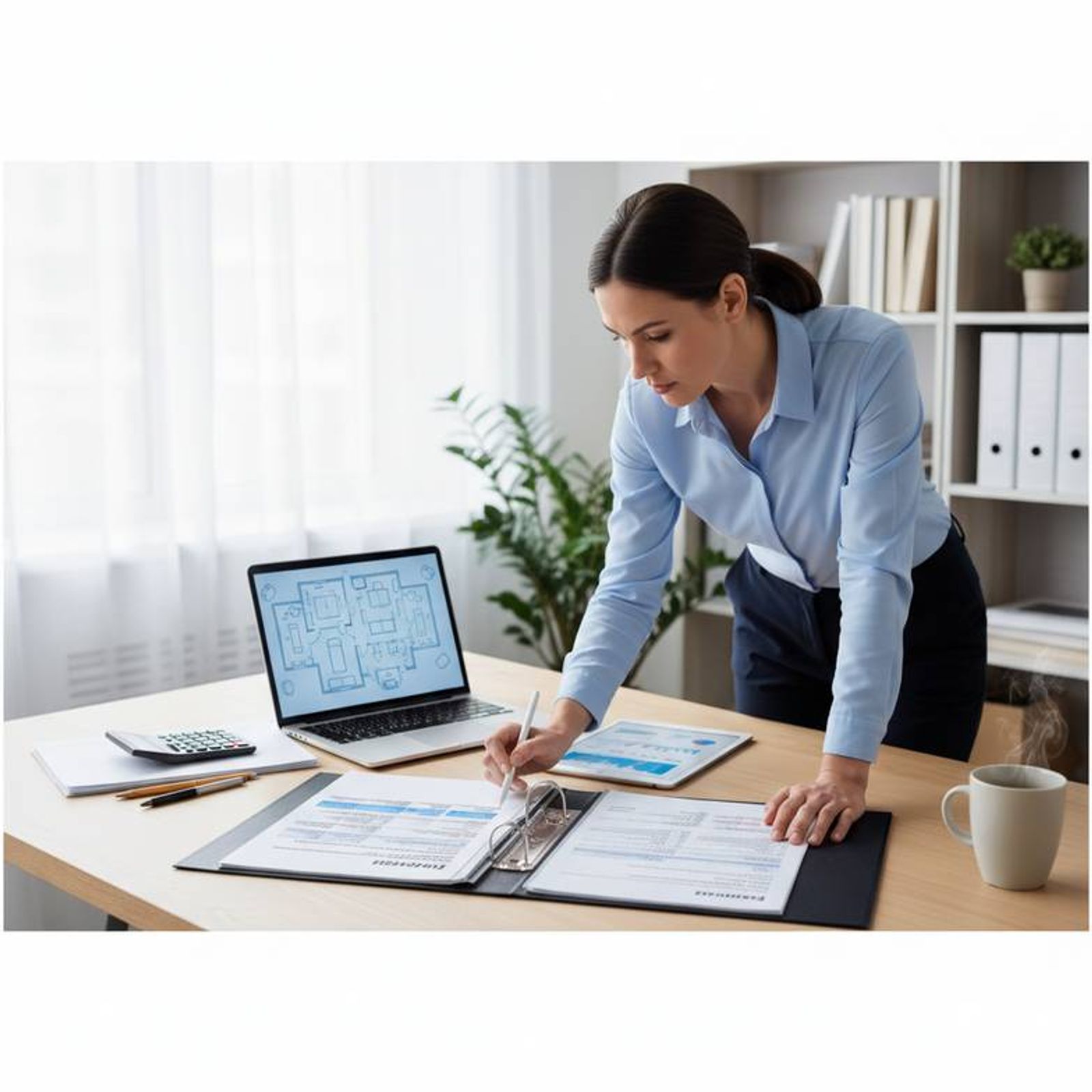 A professional healthcare procurement manager reviewing specification sheets and a laptop showing different hospital furniture models.
