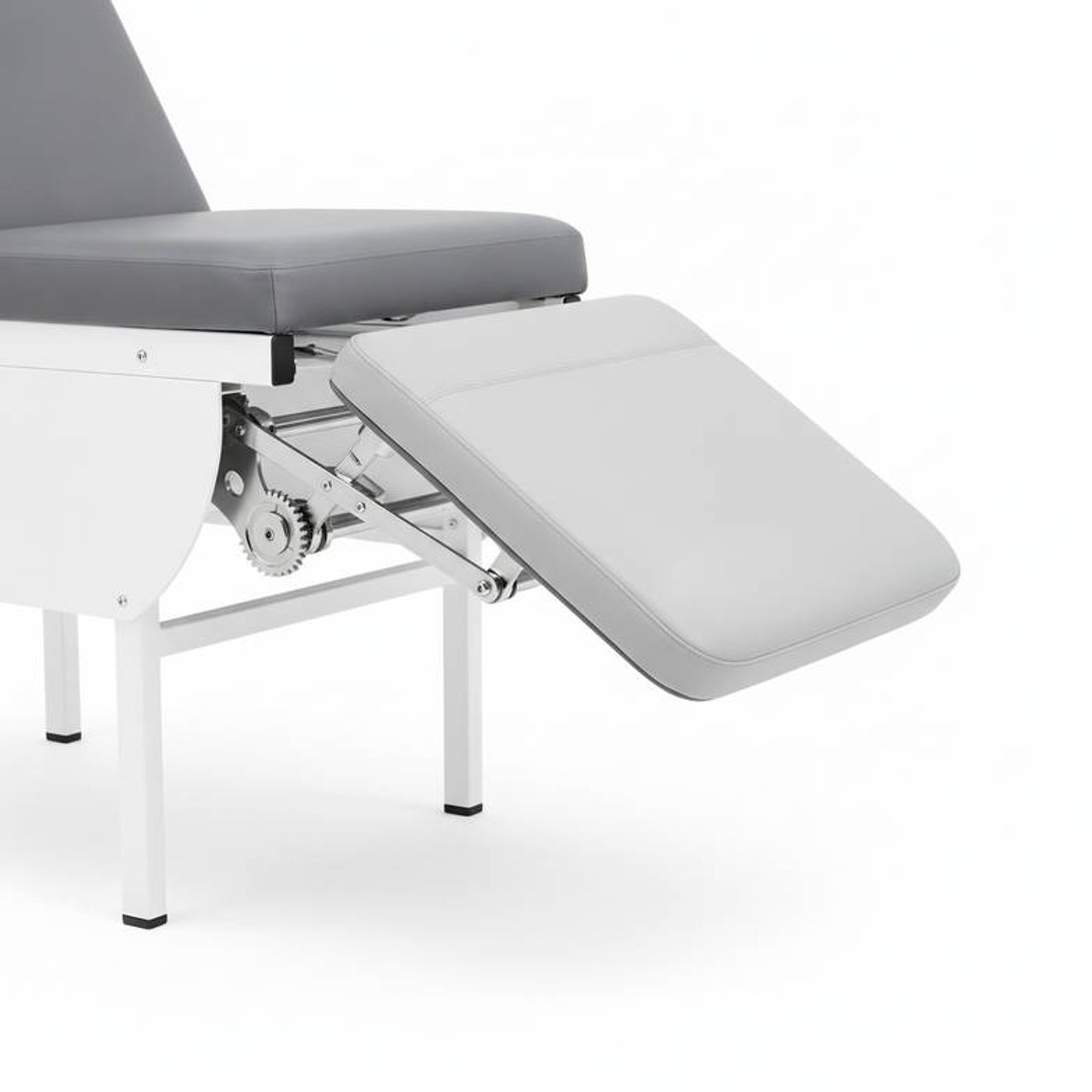 Close-up of a synchronized footrest and recline mechanism on an infusion chair.