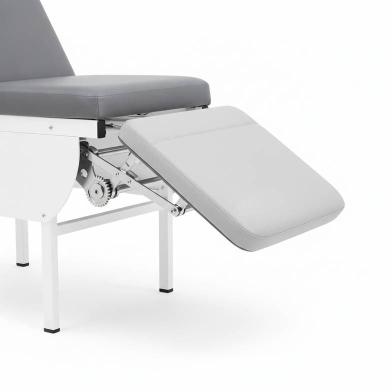 Close-up of a synchronized footrest and recline mechanism on an infusion chair.