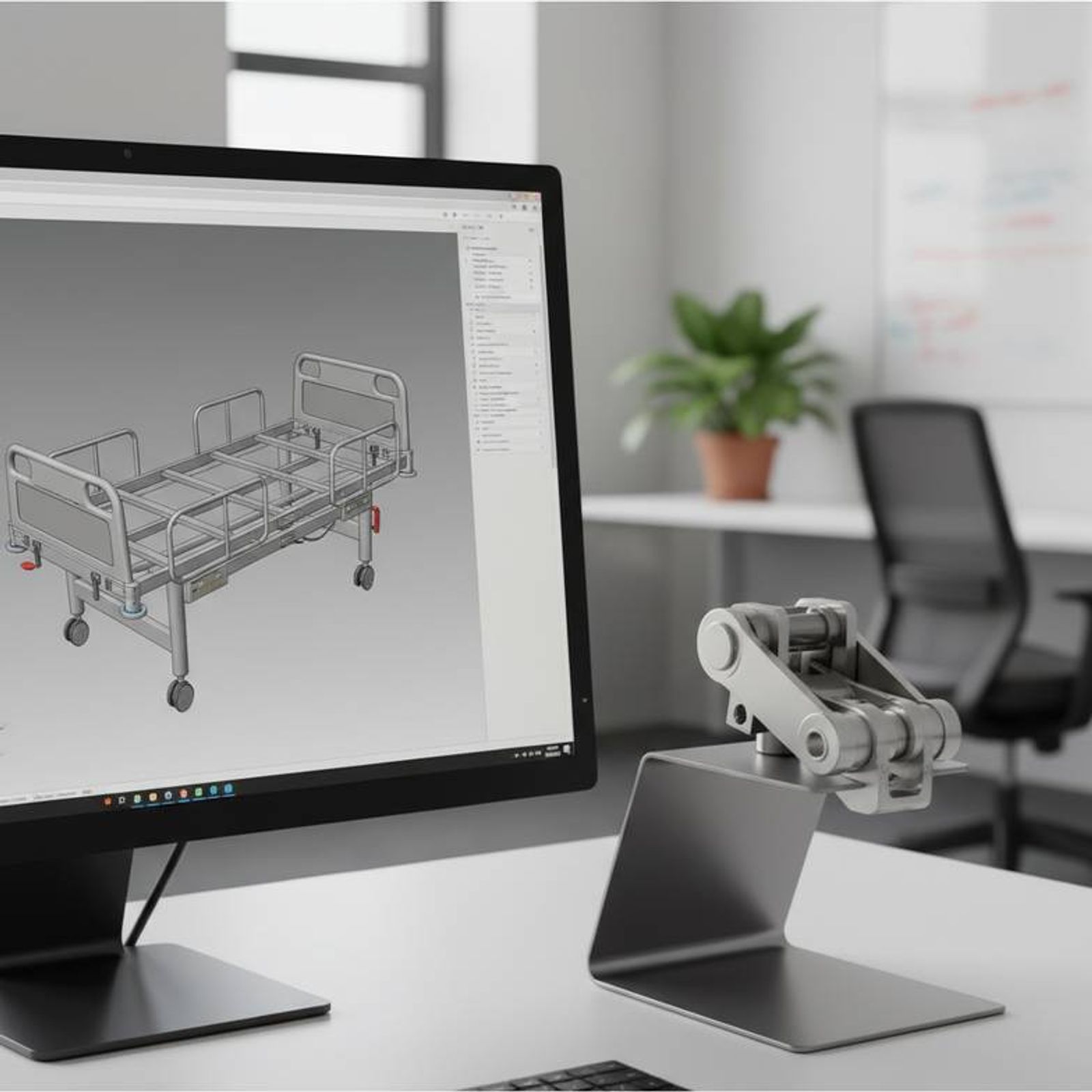 Engineer reviewing a blueprint for a custom hospital bed
