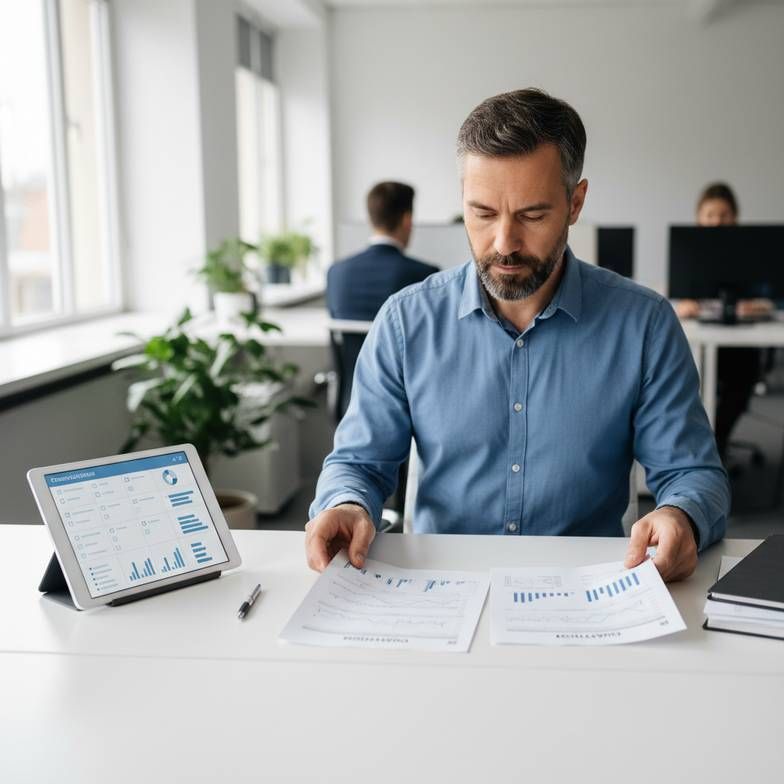 A procurement manager at a desk, comparing two quotations side-by-side using a checklist on a tablet, looking focused and in control.