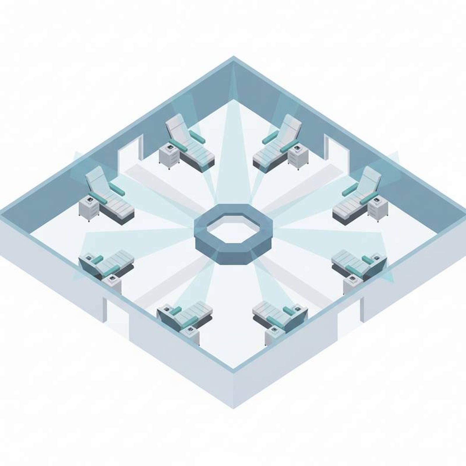 An overhead view of a well-planned dialysis center layout showing clear pathways.