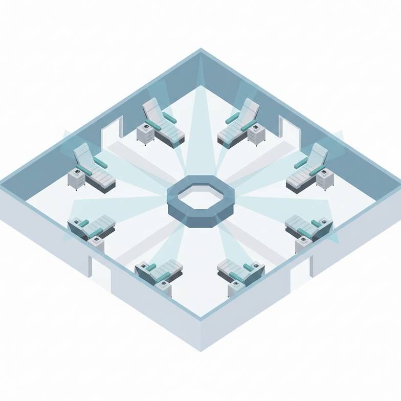 An overhead view of a well-planned dialysis center layout showing clear pathways.
