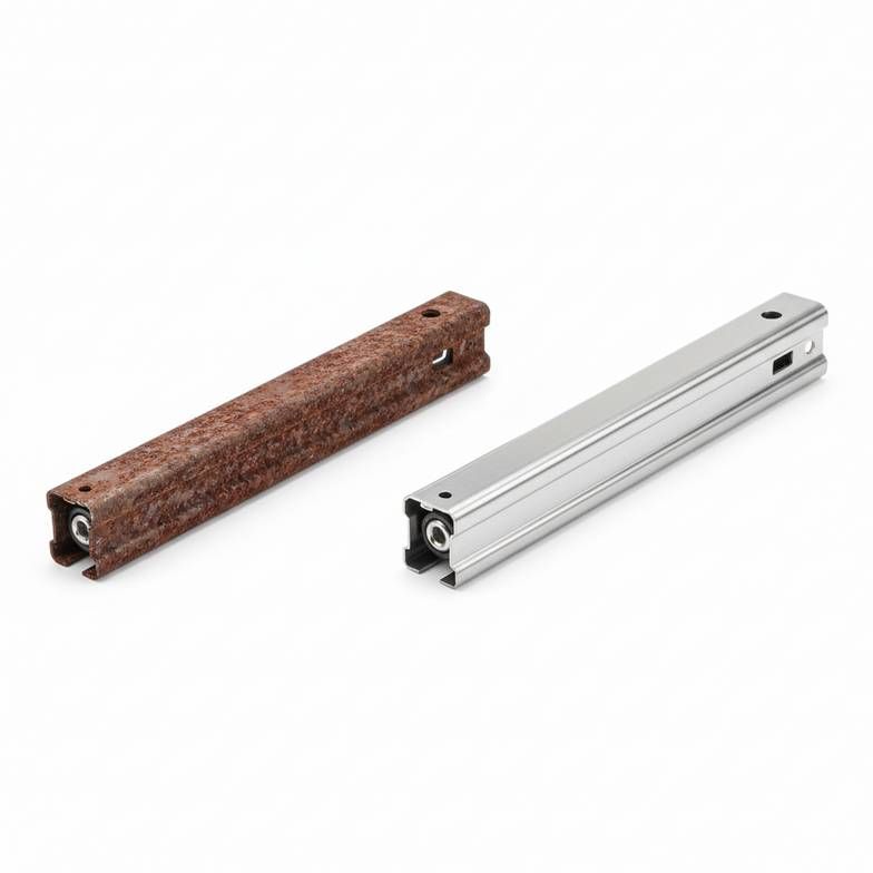 A corroded and stuck drawer runner next to a new, clean ball-bearing slide for a medical cart.